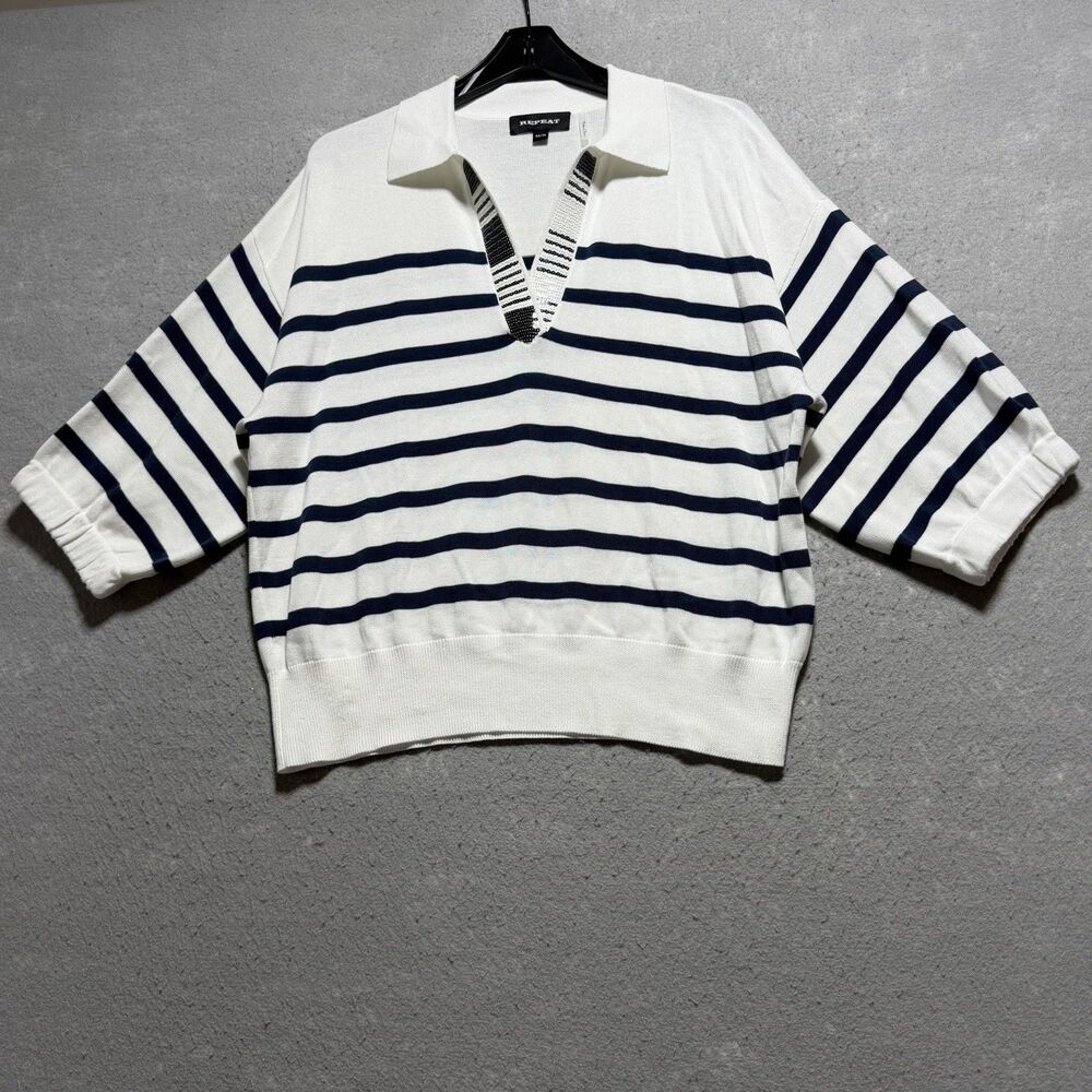 Repeat Polo Neck Sweater With Sequin Detail Women’s 40/M Blue White Striped $265